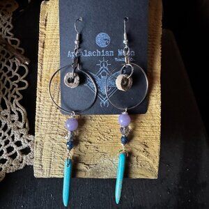 Angelite, Iolite, Turquenite (Howlite) and Crinoid Earrings